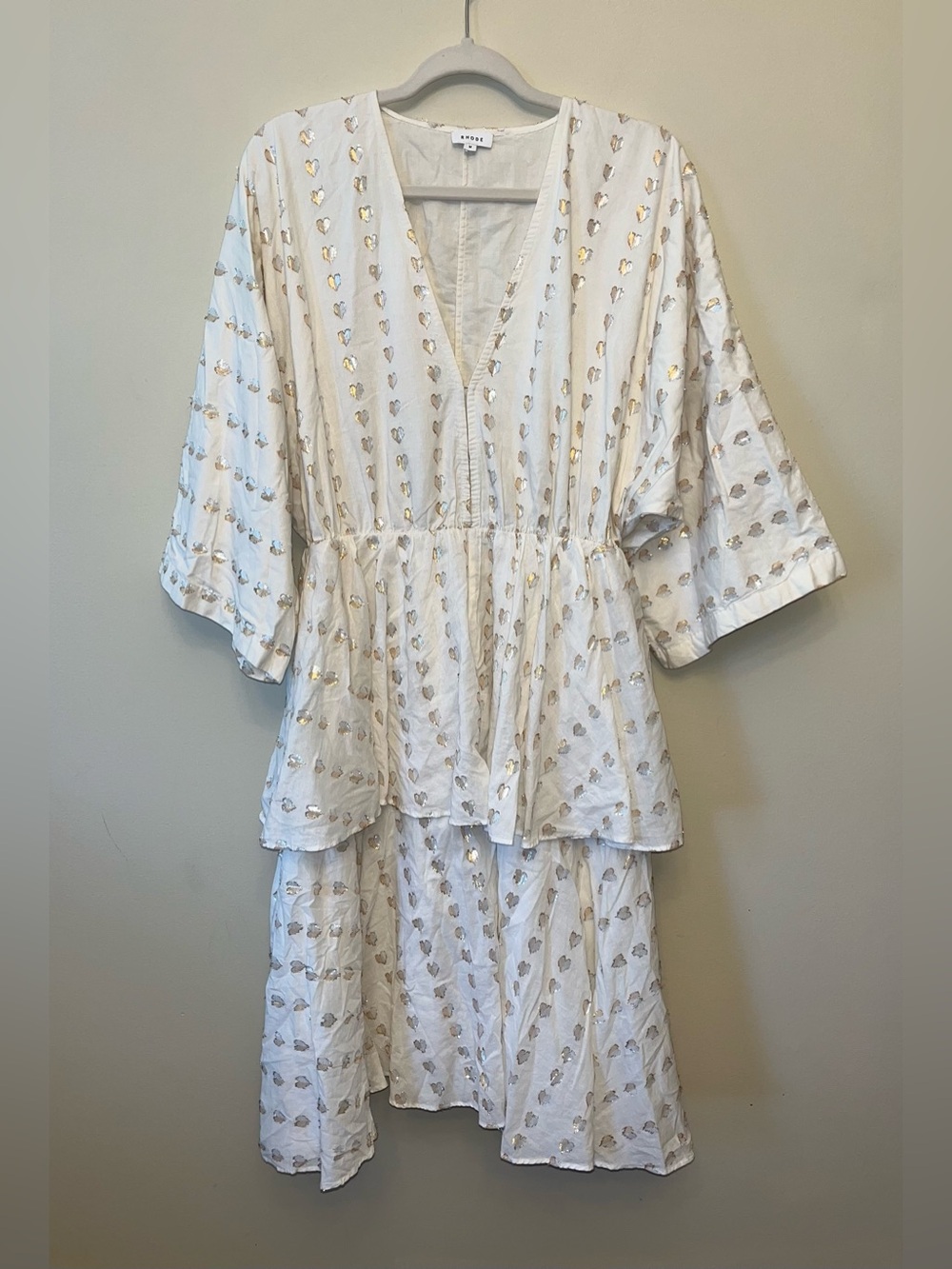 RHODE Bella Heart V-Neck 3/4 Sleeve Tiered Cotton Dress Medium Metallic Hearts